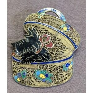 Vintage Topazio Portugal Scottie Dog Purse Brooch Enamel Filigree Gold Tone